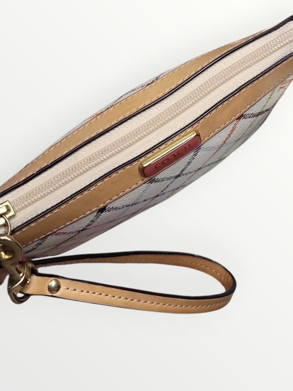 COACH Peyton Tattersall Plaid Wristlet Chalk Multi Gold Leather Trim Like New - Picture 6 of 7